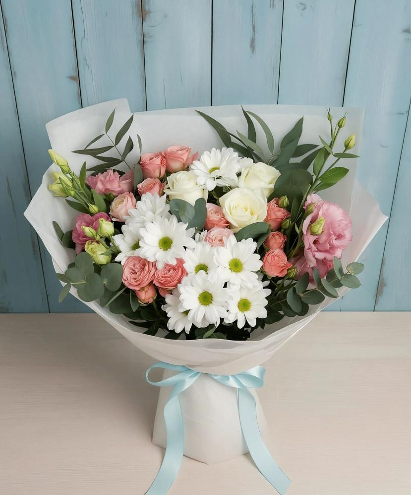 Букет цветов из: Розы, Лизиантусы и Хризантемы в Бурукшуне