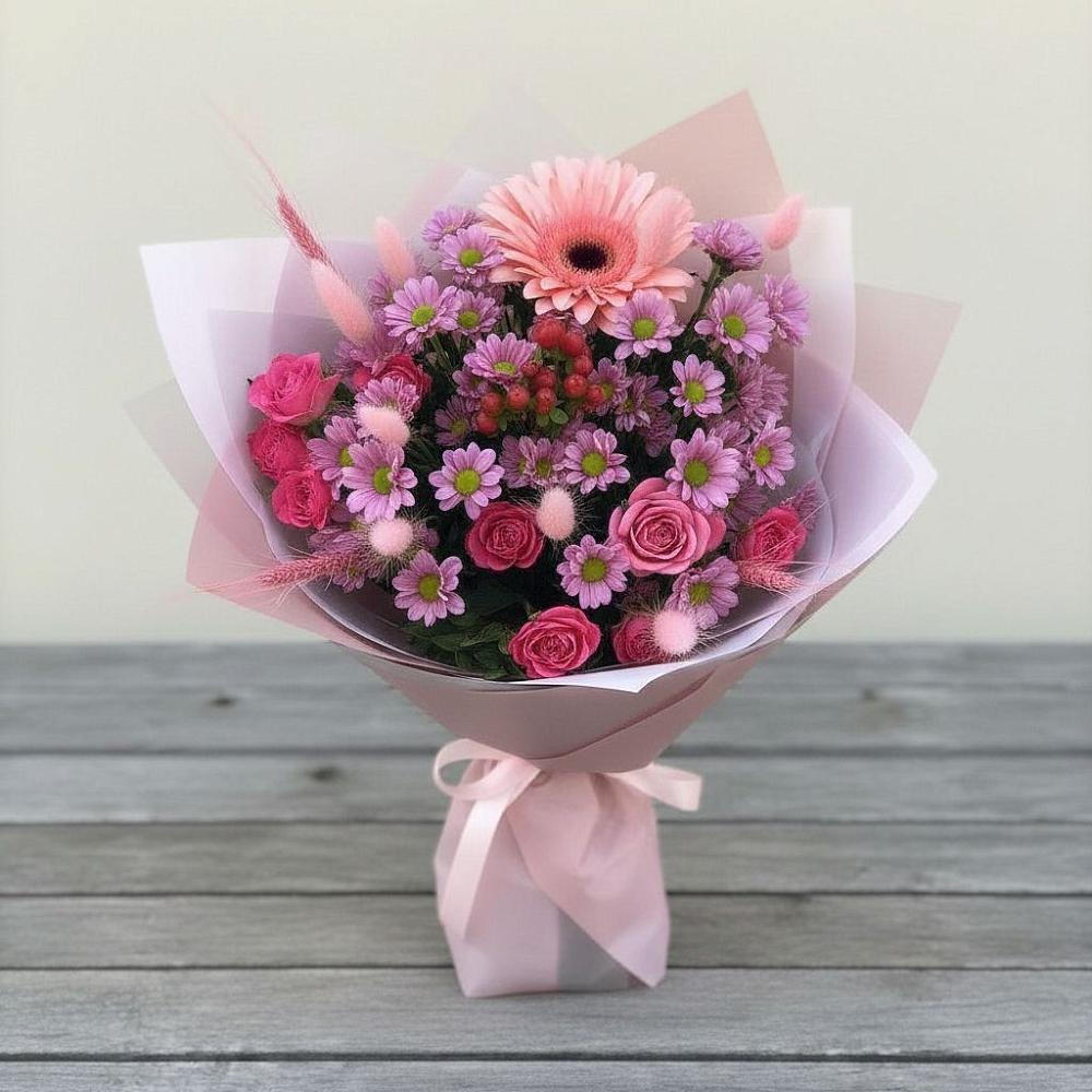 Букет цветов из: Розы, Герберы и Хризантемы в Бурукшуне