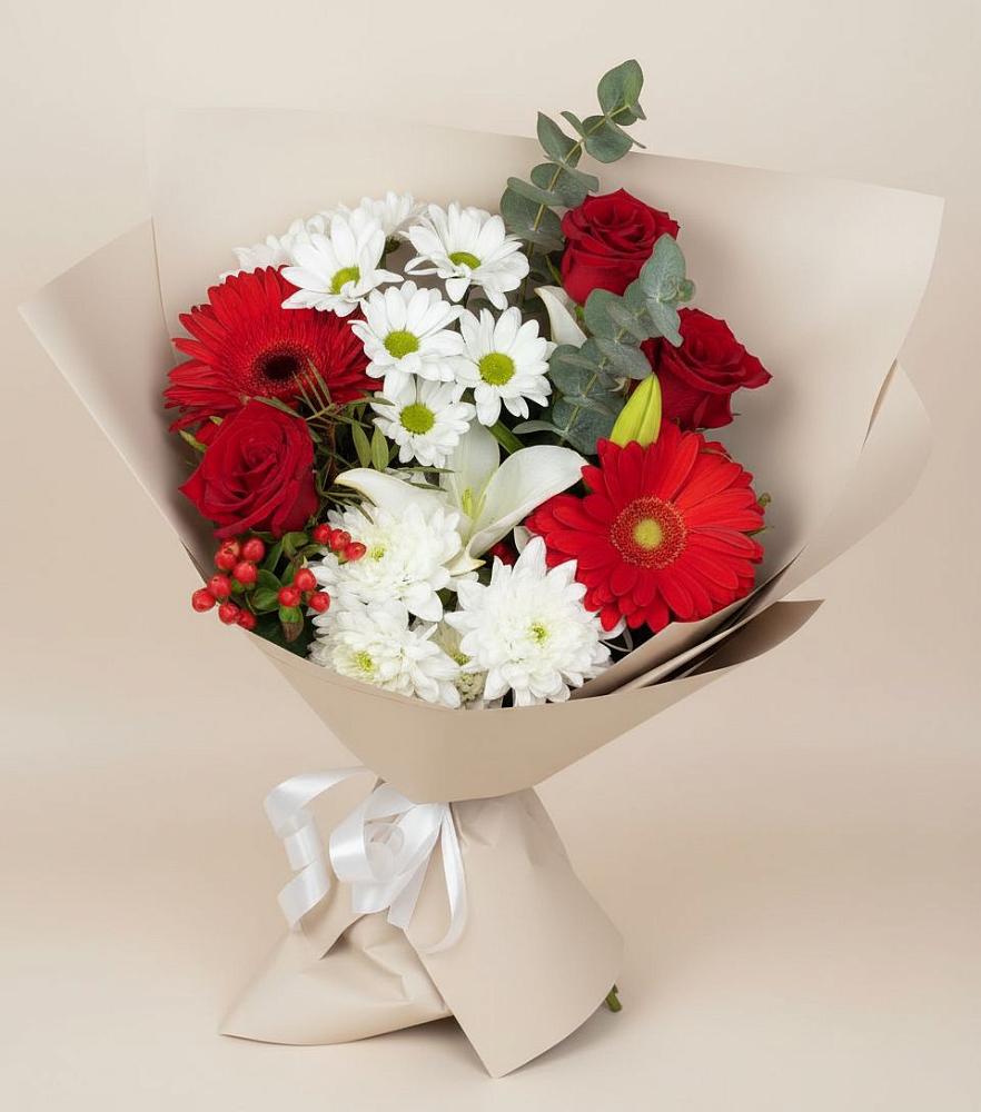 Букет цветов из: Розы, Хризантемы, Герберы и Лилии в Бурукшуне